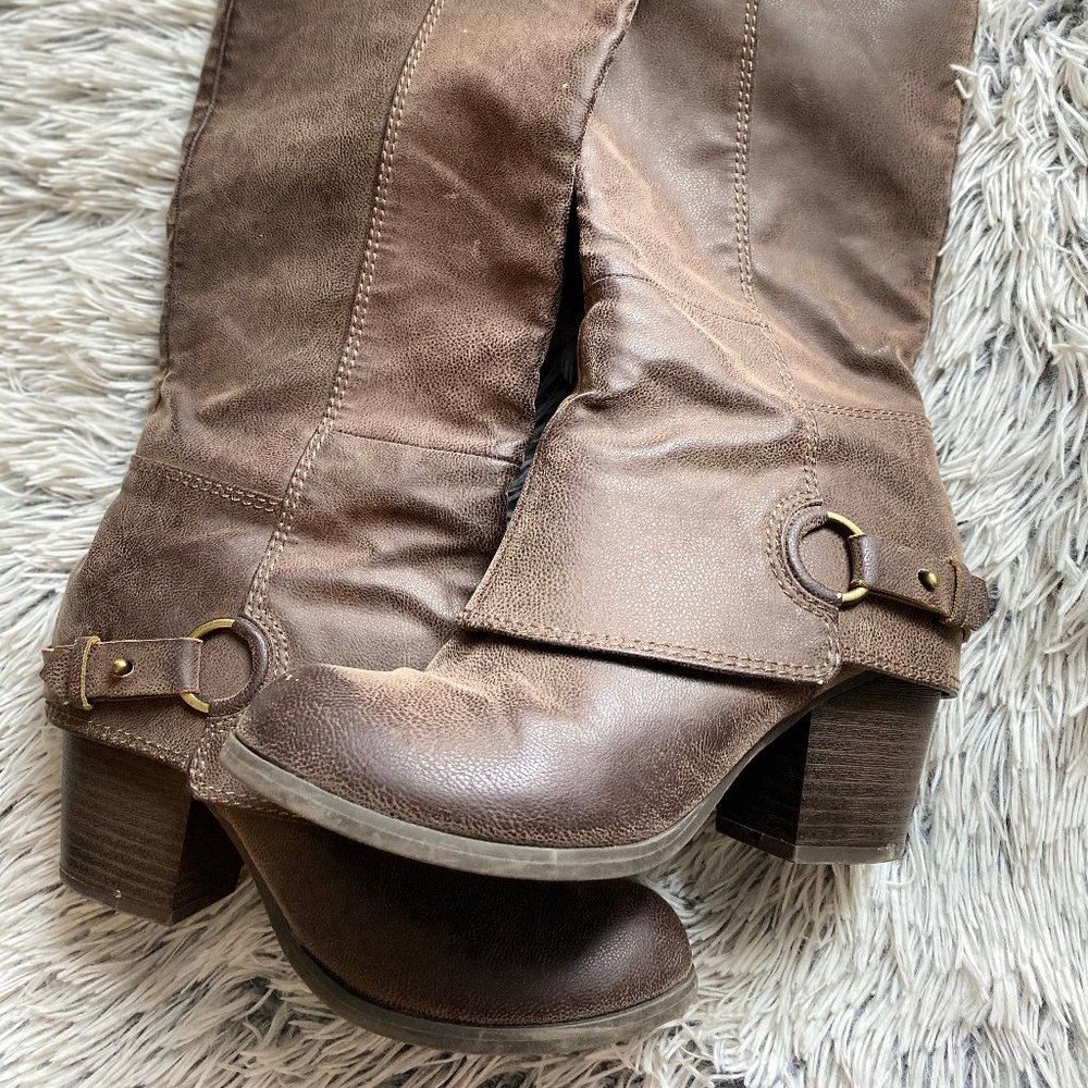 Brown knee high heeled boots